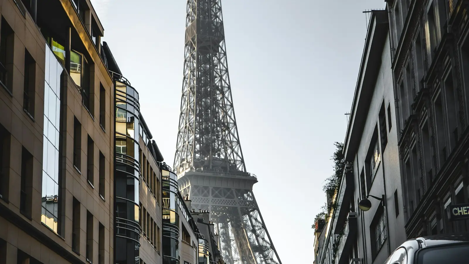 The Eiffel Tower seen down a Paris street